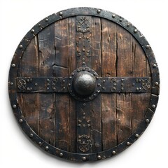 Fototapeta premium Wooden Shield With Metal Rivets on White Background