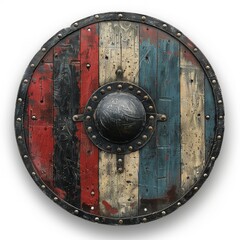 Wooden Shield With Metal Rivets on White Background