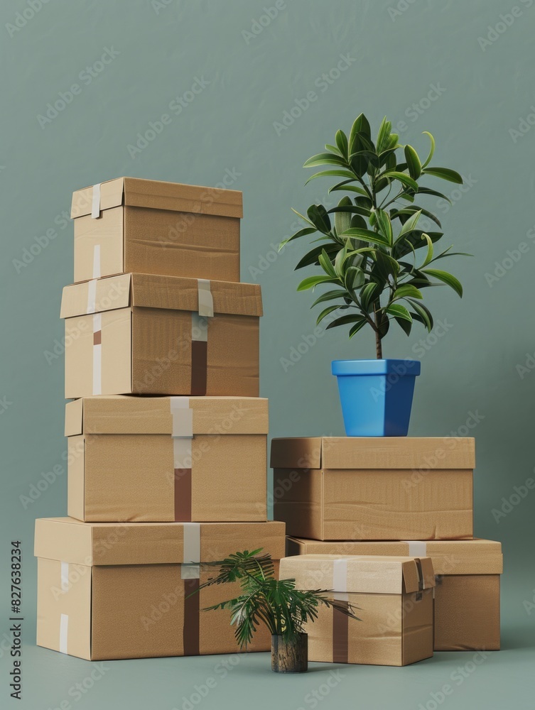 Poster a stack of cardboard boxes with a small plant in a blue pot on top. the boxes are piled on top of ea