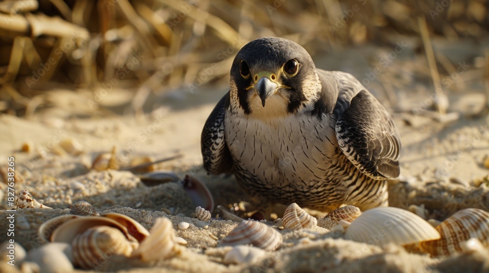 Aufkleber a small bird is standing on a beach with shells scattered around it. the bird appears to be looking 