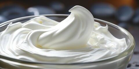 A bowl of whipped cream is sitting on a table. The cream is white and fluffy, and it looks like it's ready to be used for a dessert. The bowl is made of glass, and it's placed on a wooden surface