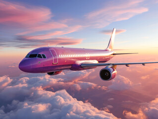 Fototapeta premium Pink passenger airplane flies in blue sky with dramatic sunset clouds. Concept of airline companies, travel, plane transportation, freedom of travelling