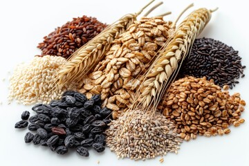 Assorted grains and cereals displayed artistically, showcasing the textures and natural beauty of healthy food options