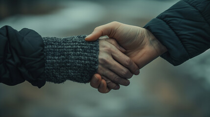 Two people shaking hands with warm winter clothing