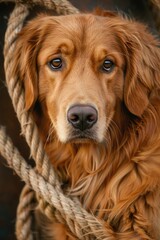 A brown dog with a black nose and brown eyes is staring at the camera. The dog is surrounded by a rope, which adds a sense of confinement and tension to the image. The dog's gaze is intense