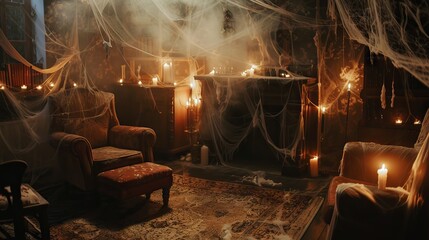 Haunted living room with cobwebs and candles. Dark and eerie atmosphere. Concept of Halloween, haunted house, spooky decoration, ghost stories