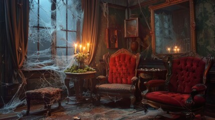 Spooky Victorian-style living room with cobwebs and red velvet furniture. Haunted house interior. Concept of Halloween, horror, vintage decor, eerie atmosphere