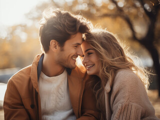 Romantic young couple embraces outdoors, relishing shared moments of happiness