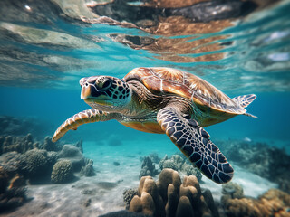 Obraz premium Through crystal waters, a Hawaiian green sea turtle gracefully navigates