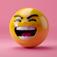A 3D luxury yellow face emoji laughing with eyes closed and mouth wide open, isolated on a pink background.