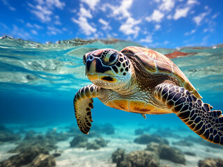 Obraz premium In Similan National Park's waters, a hawksbill sea turtle drifts