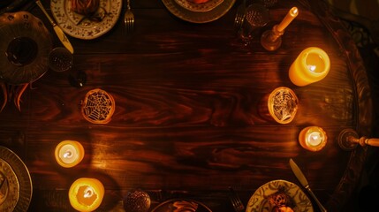 Halloween dinner table decor with candles and spider web details. Concept of festive dining, spooky atmosphere, Halloween celebration, and table setting. Banner. Copy space
