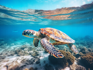 Fototapeta premium A majestic hawksbill sea turtle glides through Similan National Park