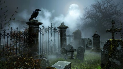 Foggy graveyard with an iron gate and a crow perched on a pillar. Eerie cemetery scene with...
