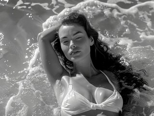 Obraz premium A woman in a bikini is laying in the water. She has long hair and a big bust