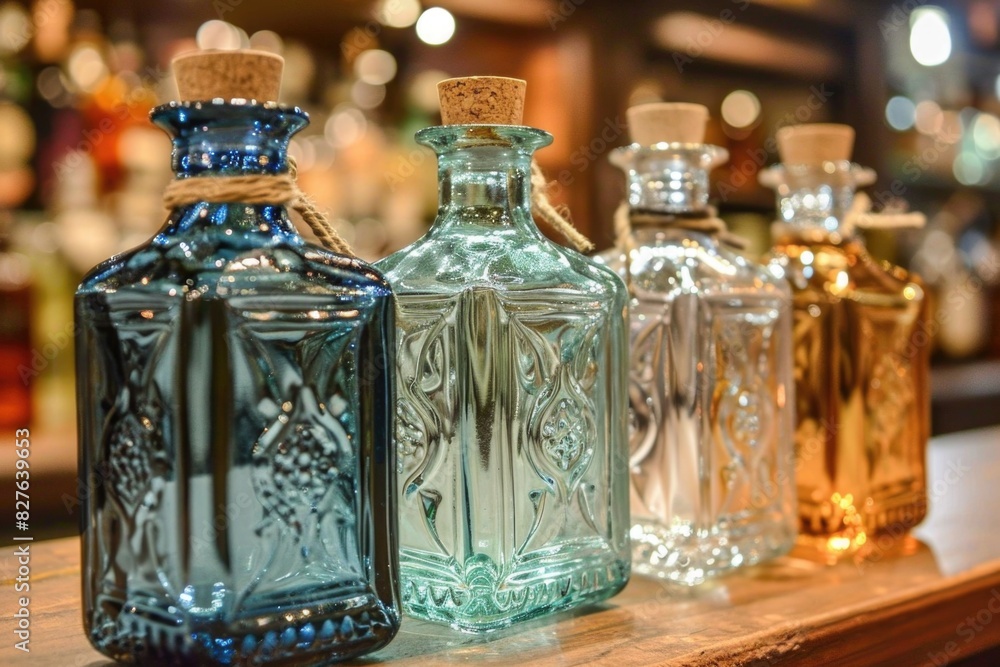 Poster a row of four different colored glass bottles with cork stoppers. the bottles are lined up on a wood