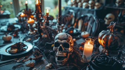 Halloween table setting with skull decor and candles. Dark spooky atmosphere. Concept of Halloween, horror, spooky decor, candlelit ambiance