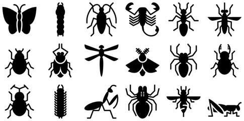 A Collection Of Insect Glyph Isolated Silhouette Solid Icons With Bug,Pest,Insect,Beetle,Fly Outline Icons Collection. Simple Vector Illustration