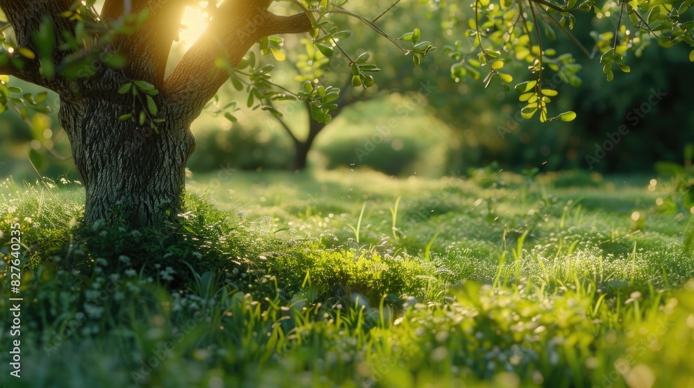 Poster a tree is in a field of grass with sunlight shining on it