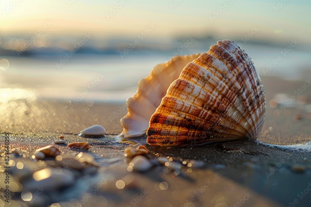 Poster a shell is laying on the beach, with the top half of the shell missing. the shell is brown and white