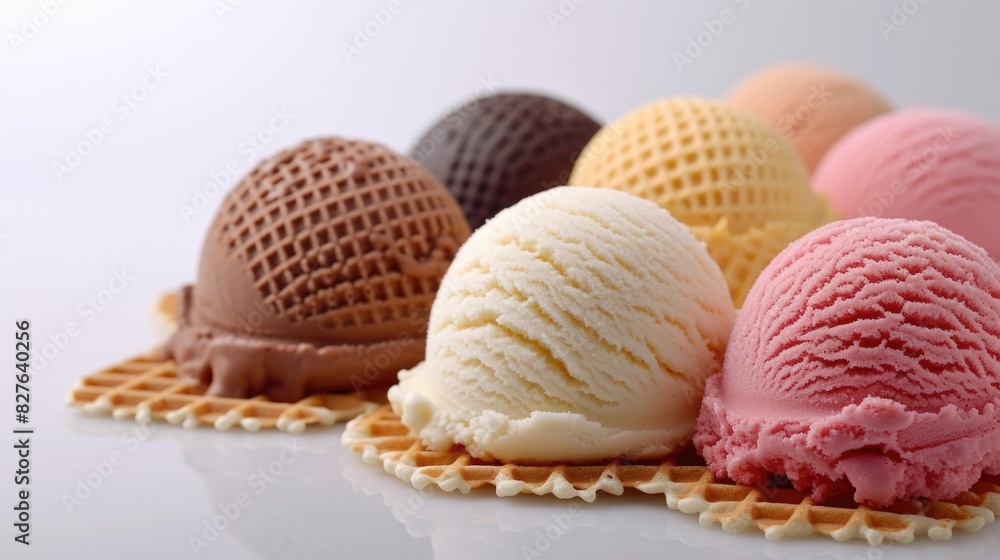Poster a row of ice cream cones with different flavors. the cones are arranged in a waffle pattern