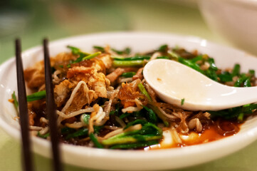 Close up of stir fried tang hoon glass noodle