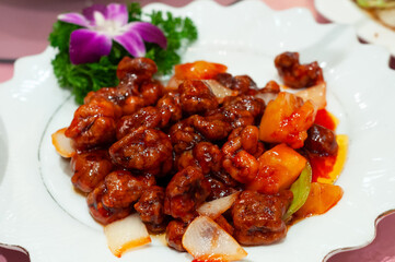 Close up of Chinese chili garlic glazed shrimp