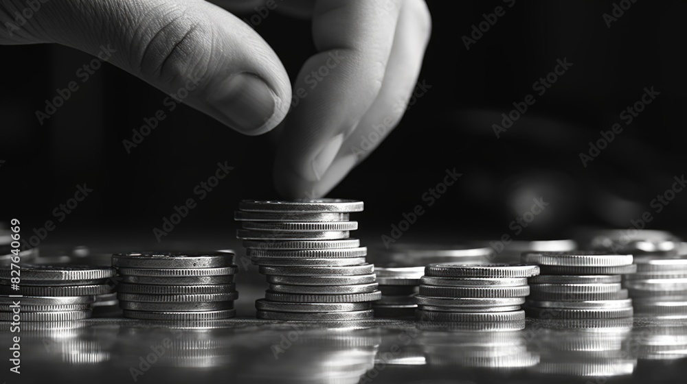 Poster a hand is placing coins on top of each other. the coins are silver and appear to be stacked in a pyr