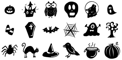 Set Of Linear Hand Drawn Halloween Icons Silhouette Vector Logo Design Containing Fall,Halloween,Trick-Or-Treat,Creepy,Spooky Infographic Simple Vector Illustration Logo