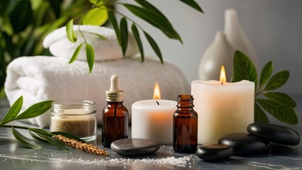 A serene spa still life with candles, flowers, and stones for relaxation and wellness