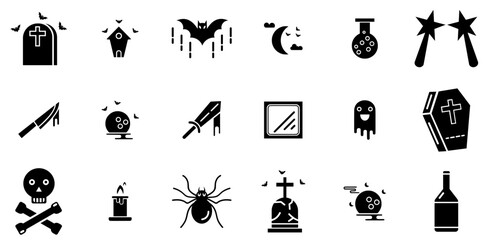 Set Of Linear Halloween Icons Silhouette Vector Logo Design Containing Moon,Spider,Coffin,Ghost,Grave Set Vector Flat Line Icons