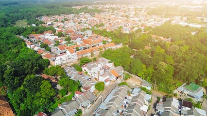 Obraz premium Aerial view of residential building. Drone view of residence. Subsidy house from government. 