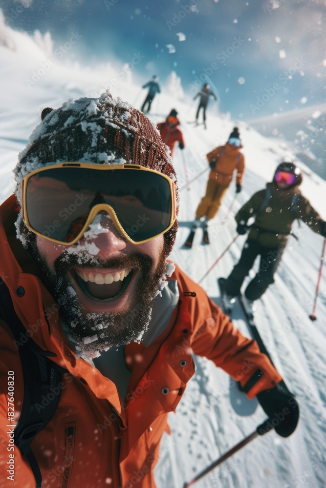 Poster a man in an orange jacket is smiling and posing for a picture while skiing. he is surrounded by othe