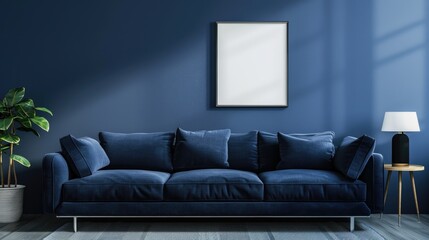 A large blue couch sits in a room with a white wall and a black lamp. The couch is the main focus of the room, and the lamp provides a warm glow that complements the blue color of the couch