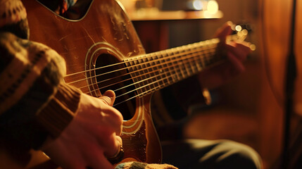 Fototapeta premium Person playing acoustic guitar with soft light and warm tones