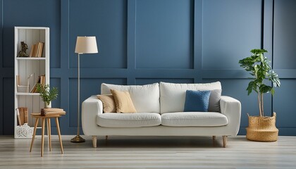 Fototapeta premium Modern living room has an white sofa on empty dark blue wall background - 3D 