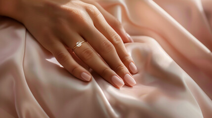 Close-up of a hand wearing an engagement ring on a silky pink fabric