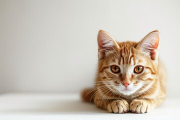 A cat with a yellow face is laying on a white surface. The cat's eyes are open and it is looking at the camera
