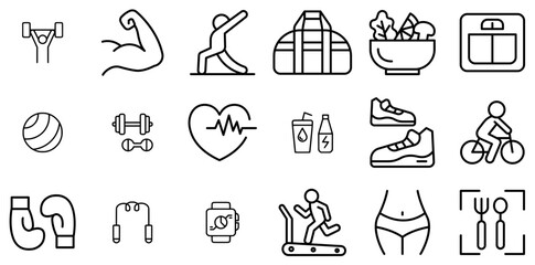 Set Of Fitness Health Vector Symbols Apps, Websites Ui Designs Suitable For Fitness,Workout,Sport,Health,Exercise Vector Icons Illustration Collection