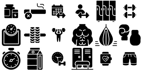 Set Of Fitness Glyph Icons Web Header Banner Design Containing Lockers,Punching-Bag,Boxing,Boxing-Bag,Punching Vector Icon Set Linear Pictogram Pack