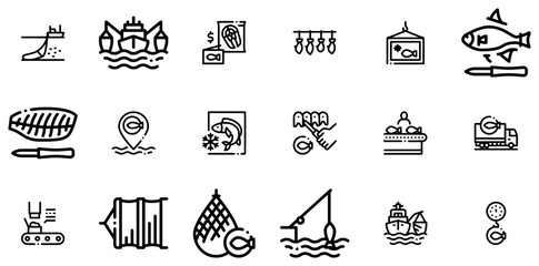 Set Of Linear Fishing Industry Business Process Isolated Silhouette Solid Icons With Fish,Fishing,Net,Frozen,Cut Vector Icon Set Linear Pictogram Pack