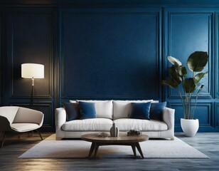 Modern living room has an white sofa on empty dark blue wall background - 3D
