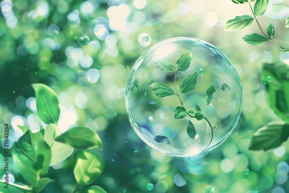 Poster a bubble with a leaf inside of it is floating in a green field. the bubble is surrounded by leaves a
