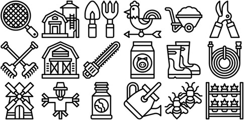 Set Of Farm Equipment Isolated Silhouette Solid Icons With Farm,Farming,Agriculture,Equipment,Gardening Outline Icons Collection. Simple Vector Illustration