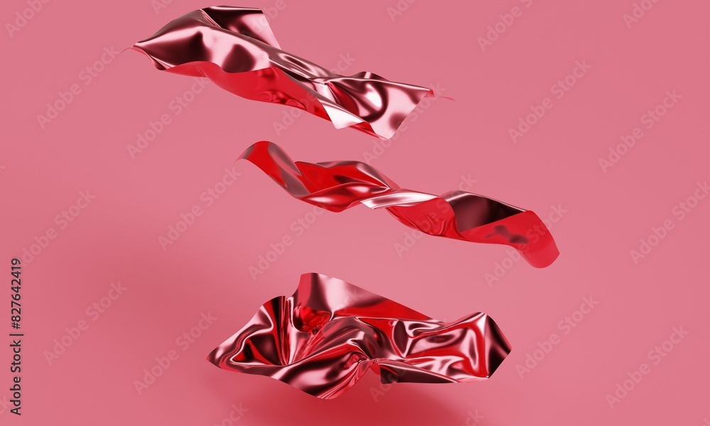 Poster several shiny metallic fabrics fall on a pink background. 3d rendering