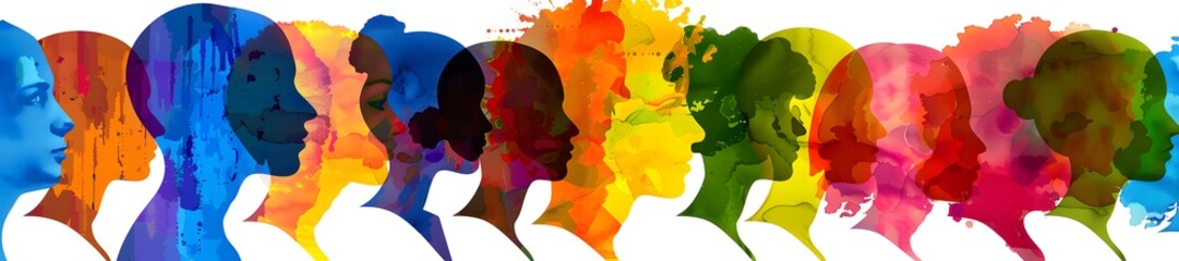 Colorful silhouettes of diverse people, Diversity Equity and Inclusion, modern company background