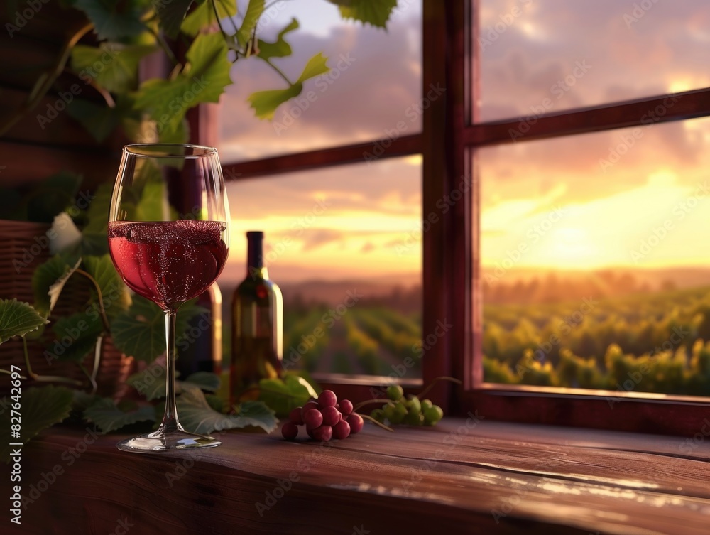 Poster a glass of red wine is on a table next to a bottle of wine. the scene is set in a vineyard with a be
