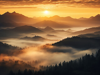 Obraz premium Summer's misty dawn casts an enchanting spell over mountainous landscapes