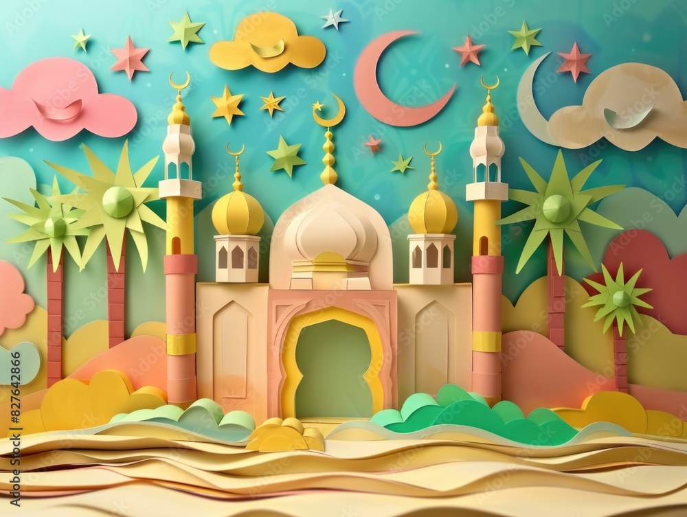 Poster a colorful paper cutout of a building with a large dome and a star on top. the building is surrounde