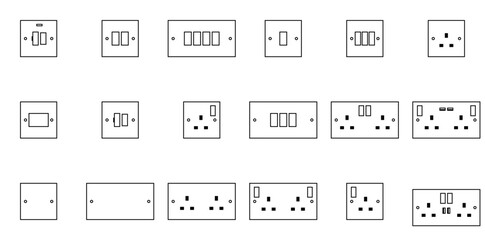 A Collection Of Electrics Uk Isolated Silhouette Solid Icons With Switched-Socket,Uk-Switch,1-Gang,Socket,2-Gang Set Vector Flat Line Icons
